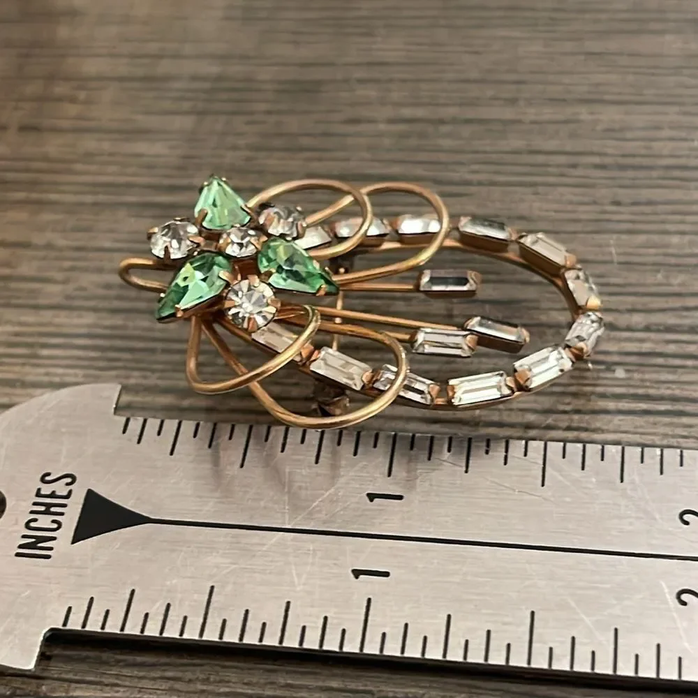 Vintage Ralph Scudieri D'ERI Signed 12K Gold Filled Crystal Brooch Clear & Green